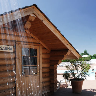 Petit chalet en bois à l'extérieur pour le sauna avec douche devant.