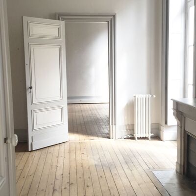 Pièce à vivre très lumineuse. Parquet en bois ancien, cheminée sur la droite. Murs gris.