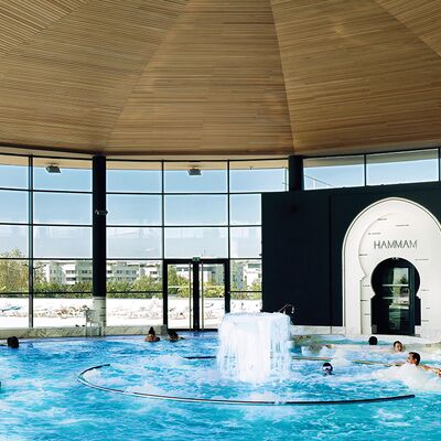 Bassin intérieur avec bain à remous. Grandes baies vitrées.